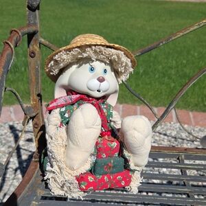 Vintage Porcelain Bunny Shelf Sitter Doll with Straw Hat - Cream, Red & Green